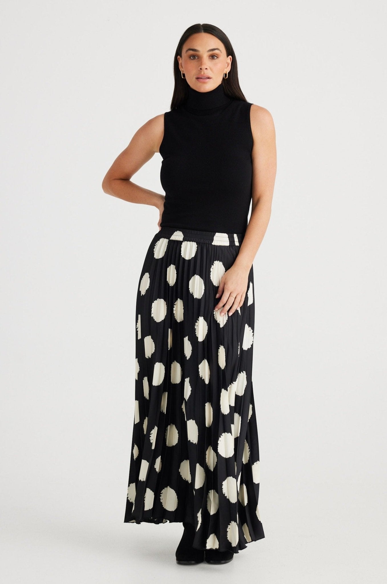 Alias Pleated Skirt - Black W Ivory Spot - Brave+True