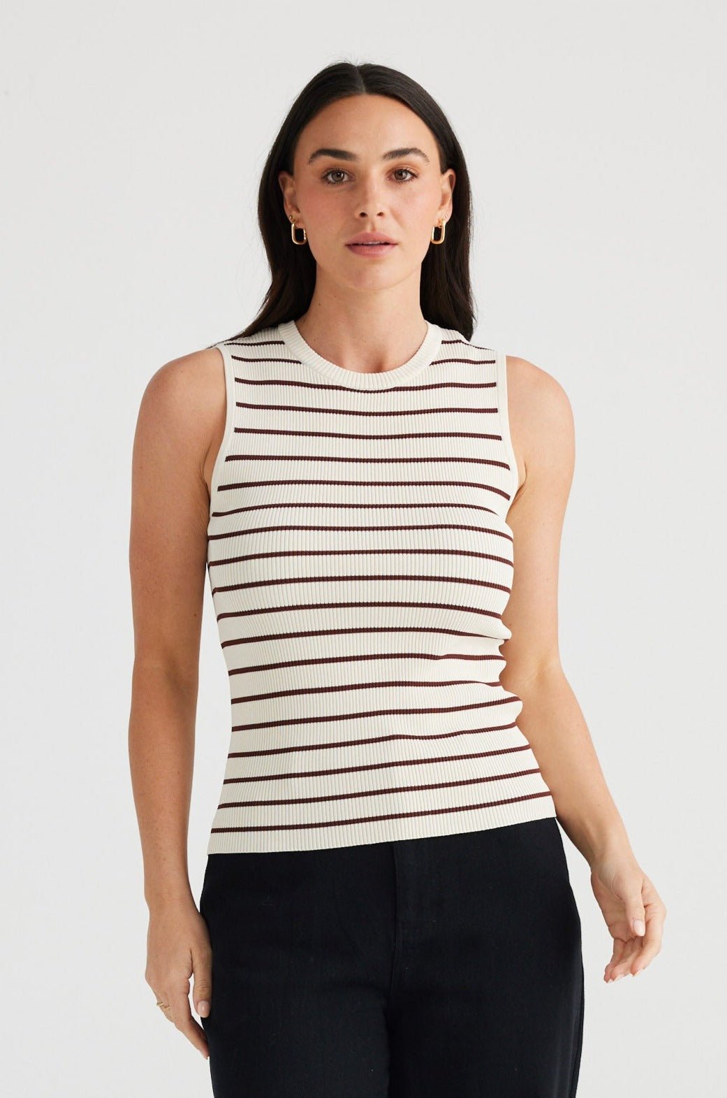 Tori Thin Stripe Tank - Cream W Cocoa Stripe - Brave+True